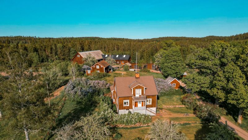 Blå himmel och röda hus, ett med takkupa synlig.