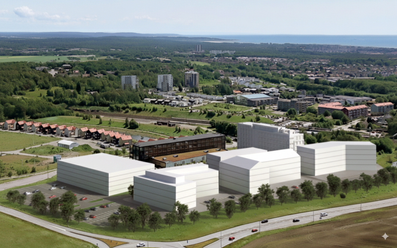 illustrationsbild med vita höga kontorsbyggnader inom ett litet område.