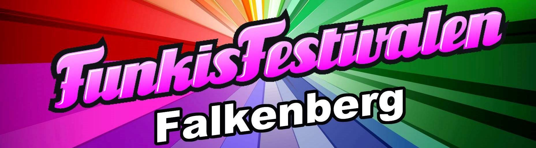 Funkisfestivalen Falkenberg logotype i blått, lila, grönt och rött.