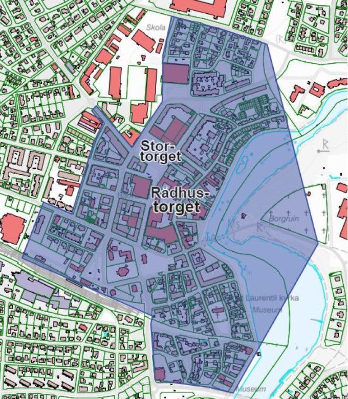 Kartbild med markering av Stortorget och Rådhustorget.