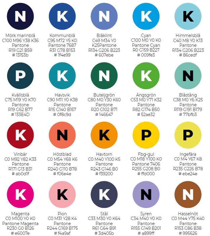 Färgkarta över kommunens färger med färgkod och vit eller svart text i varje färgprick.