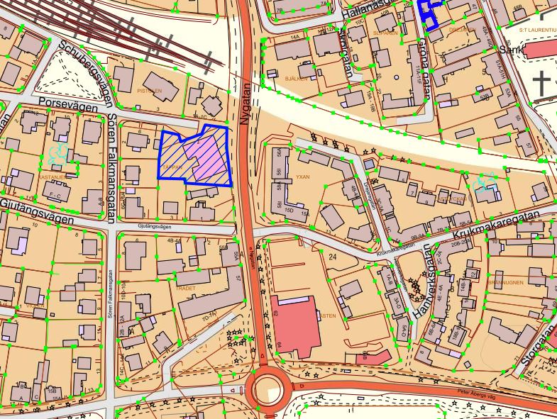 En kartbild med detaljplaneområdet markerat med blå färg.