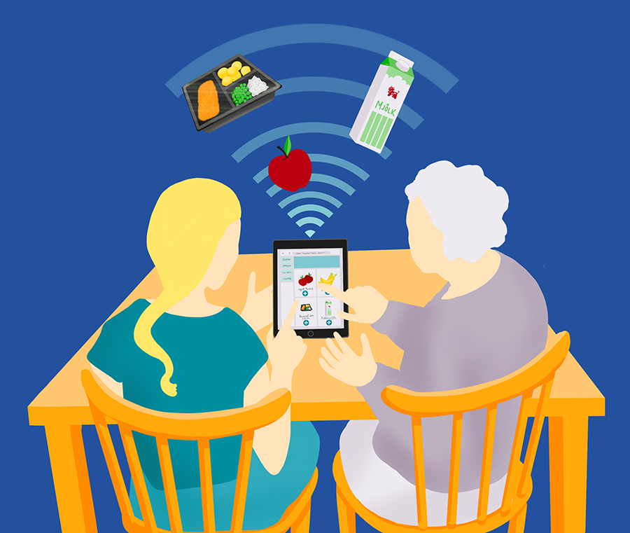 Illustration på två personer som handlar digitala på en surfplatta.