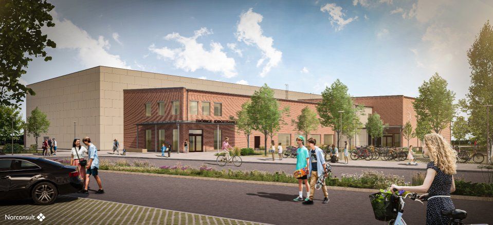 Skisserna av Tröingeskolan och Tröinge idrottshall är framtagna av MadeUp och Norconsult.
