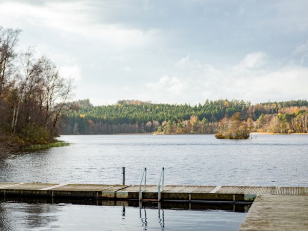 Bild på Ljungsjön, vinterbad, med badbrygga och stege.