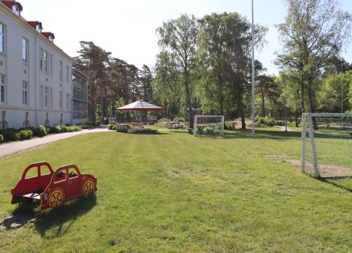 Gräsmatta med fotbollsplan och röd leksaksbil