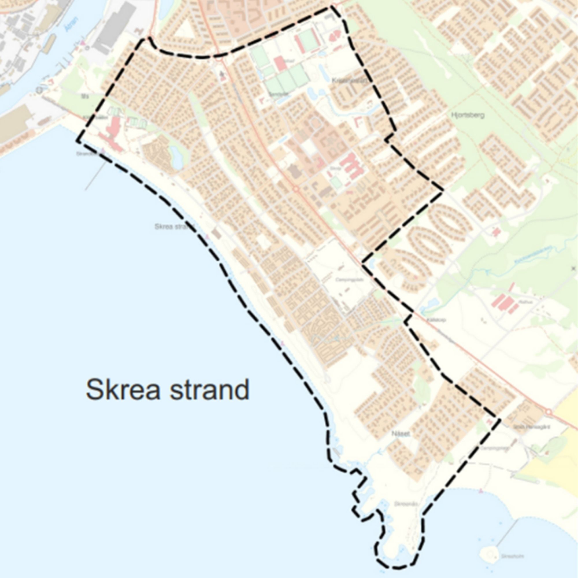 En karta över Skrea strand med ett området markerat från stranden och någon kilometer in, så att det täcker bland annat Ica Skrea.