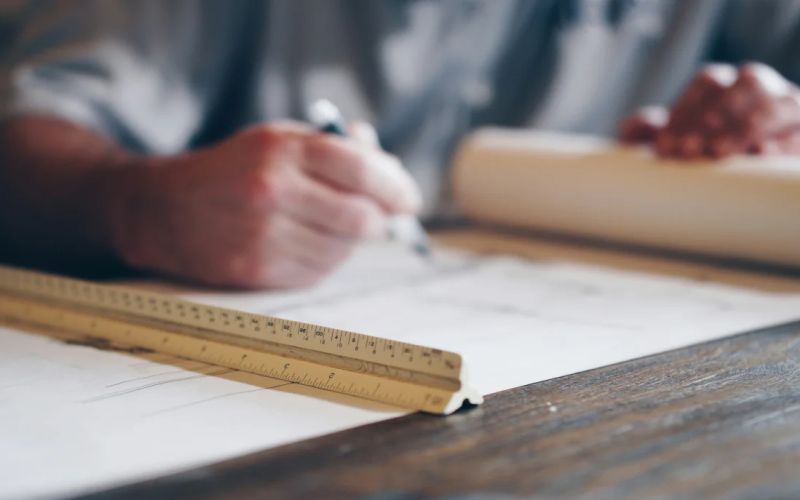 Händer med penna och linjal vid en ritning på ett bord.