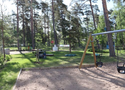 Gungor, gräsmatta med leksaker och träd i bakgrunden
