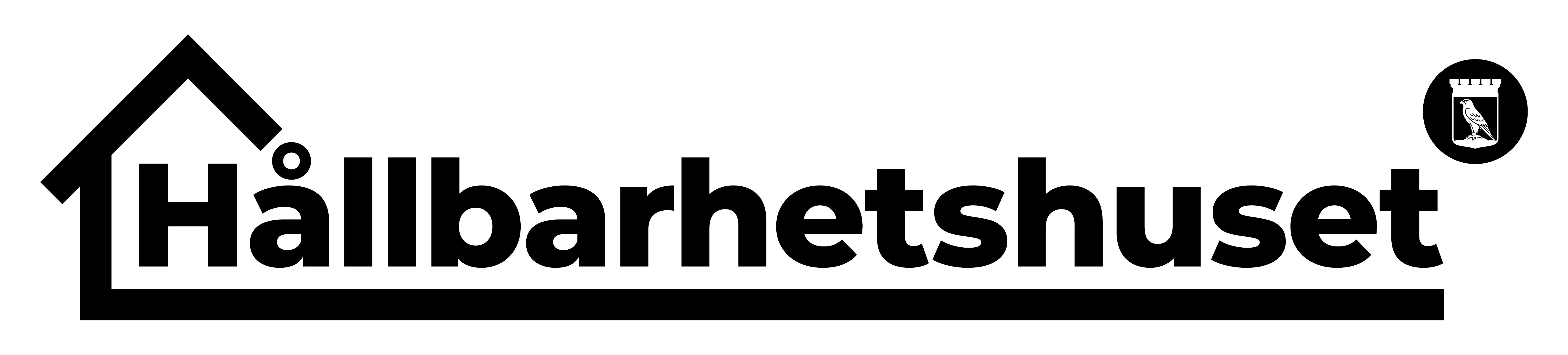 Logotyp, texten Hållbarhetshuset med ett hus runt bokstaven H.
