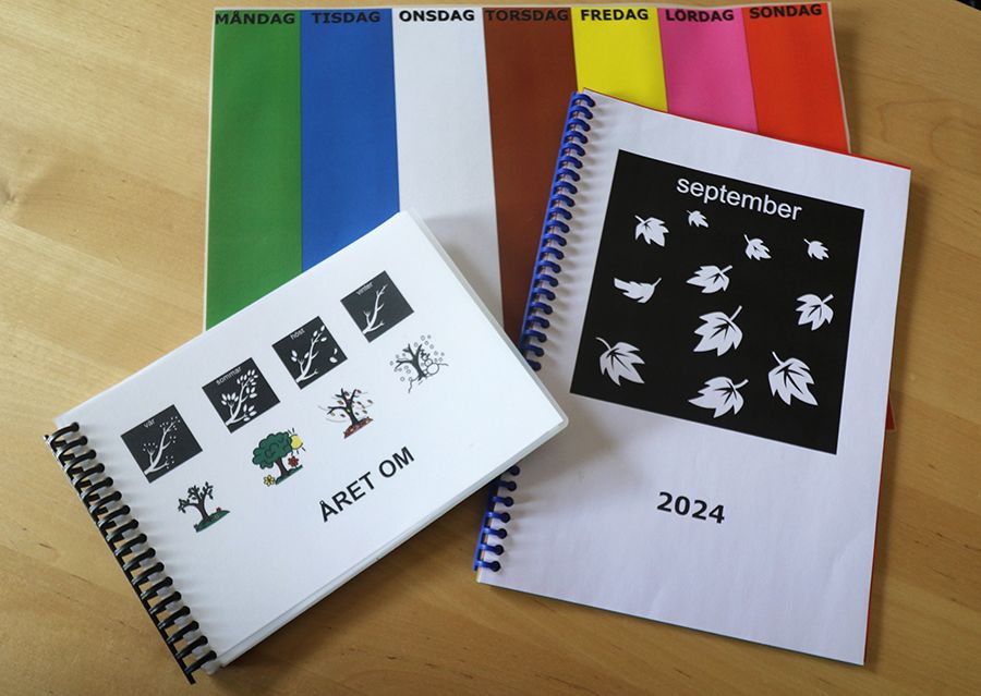 Egentillverkade, spiralbundna böcker och ett veckoschema där varje dag har en egen färg.