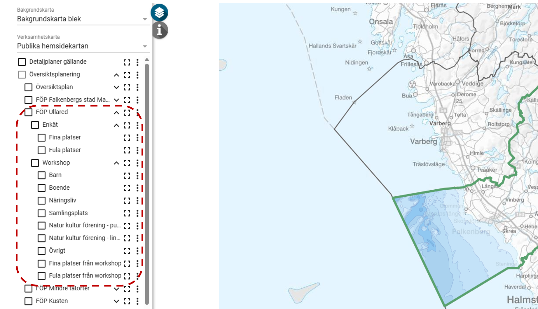 Markering runt kartlagret FÖP Ullared.