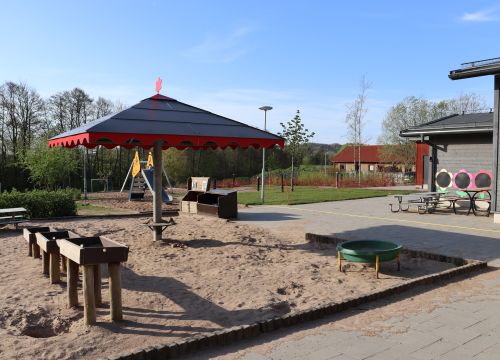 Sandlåda med vattenbana, gården i bakgrunden