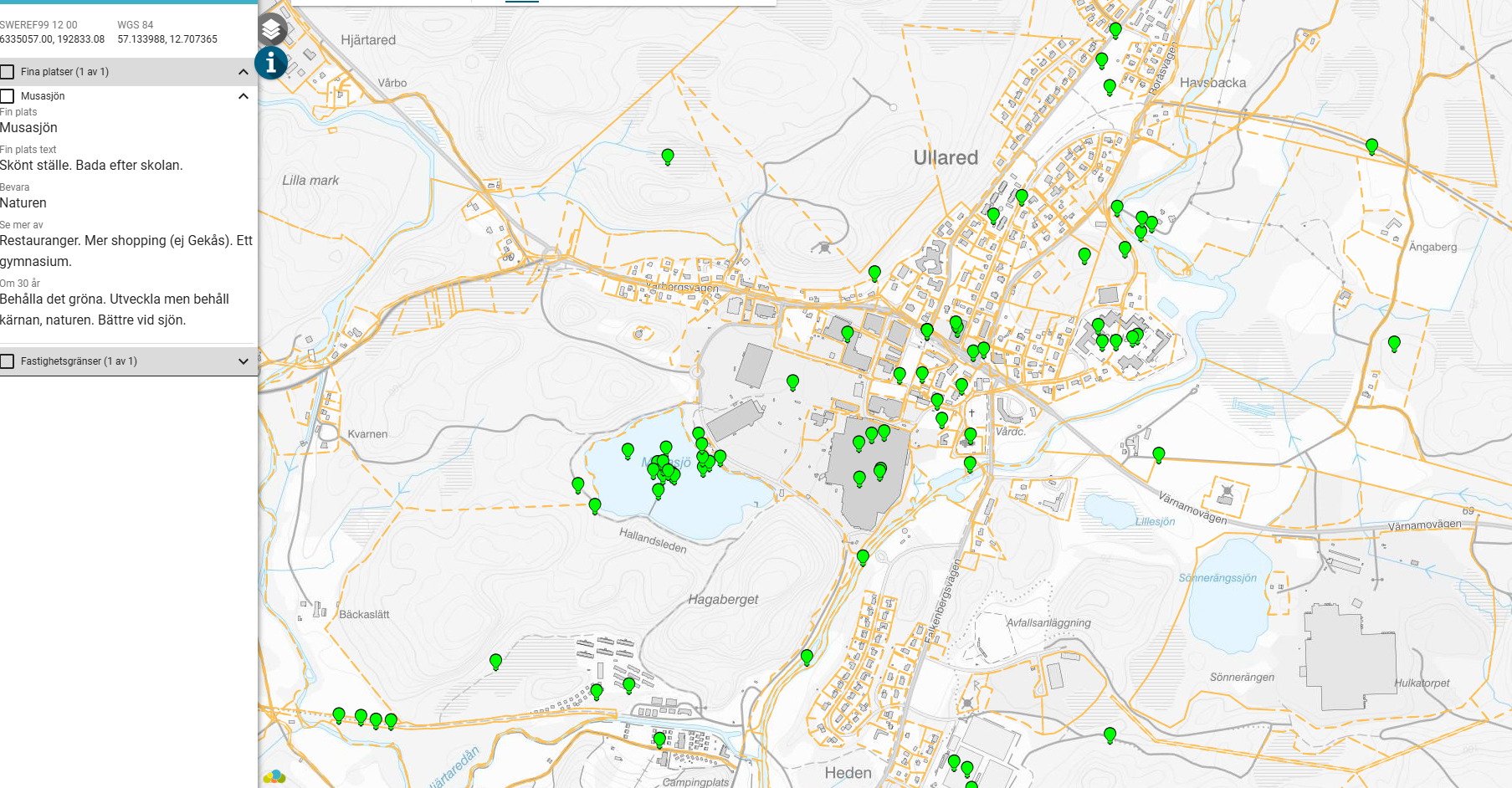 Gröna prickar på kartan över Ullared, där du kan se information om varje prick.