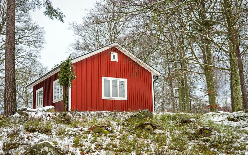 Liten röd stuga bland träd.