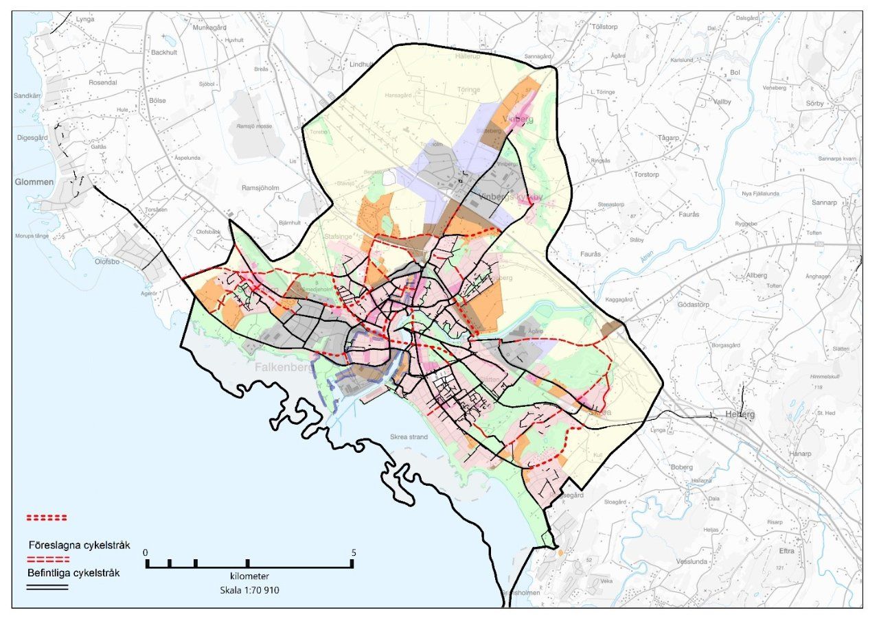 Kartbild över cykelstråk i Falkenberg.