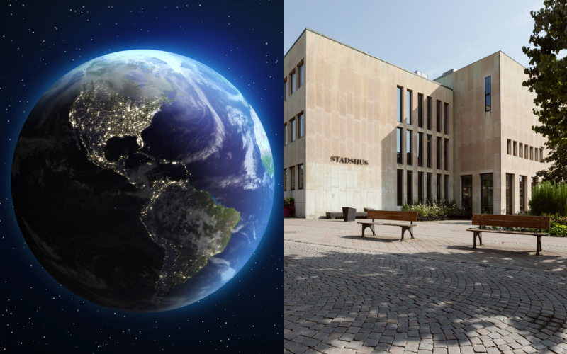 Bild-collage på jorden bredvid en bild på stadshuset i Falkenberg. 