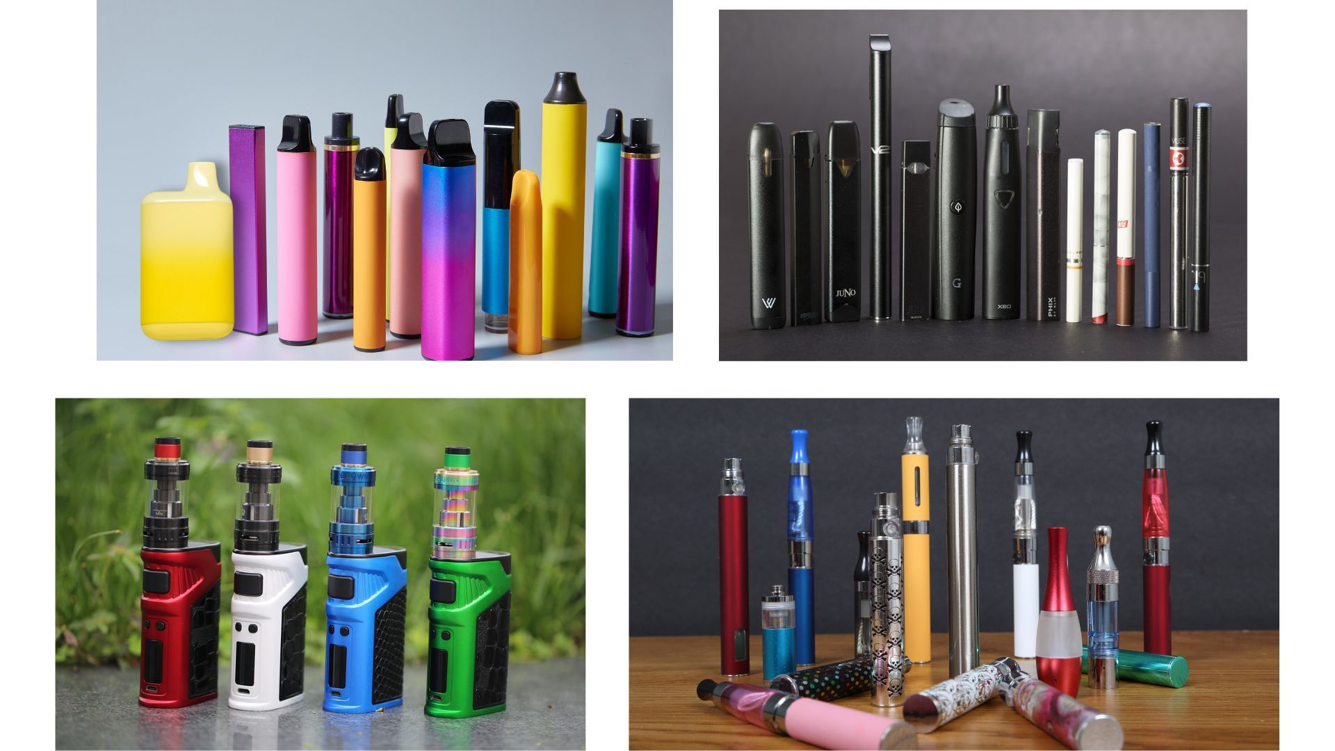 Exempel på olika modeller av vape. Allt från färgglada till mer enkla stilrena vapes.