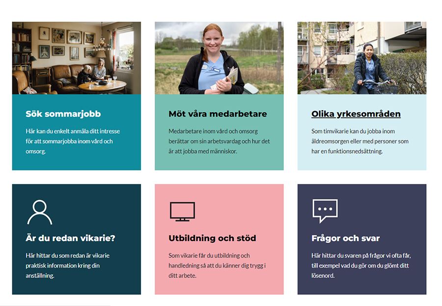 Sex kvadratiska bilder som visar hur webbsidan är uppbyggd.